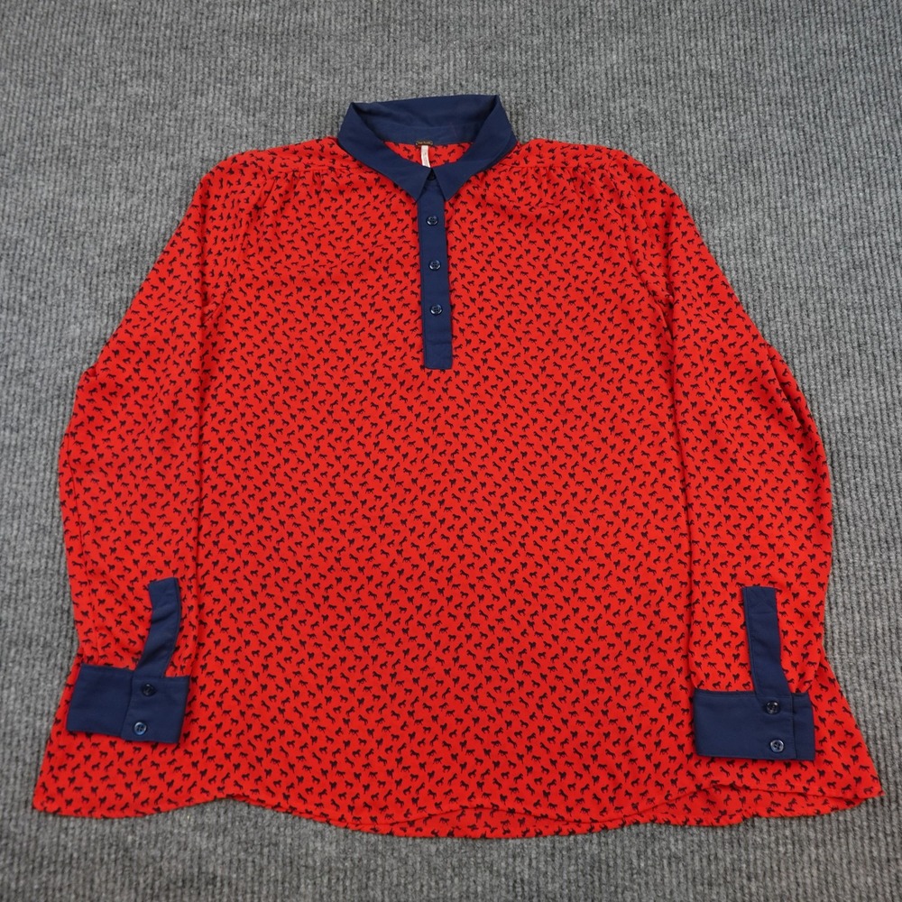 Free People Shirt Womens Medium Red Horse Print Tunic Long Sleeve Button Blouse